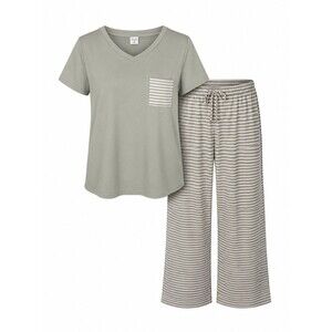 Real Essentials Women’s Pajama Set Gray Stripe Sleepwear Lounge Top Pants Medium